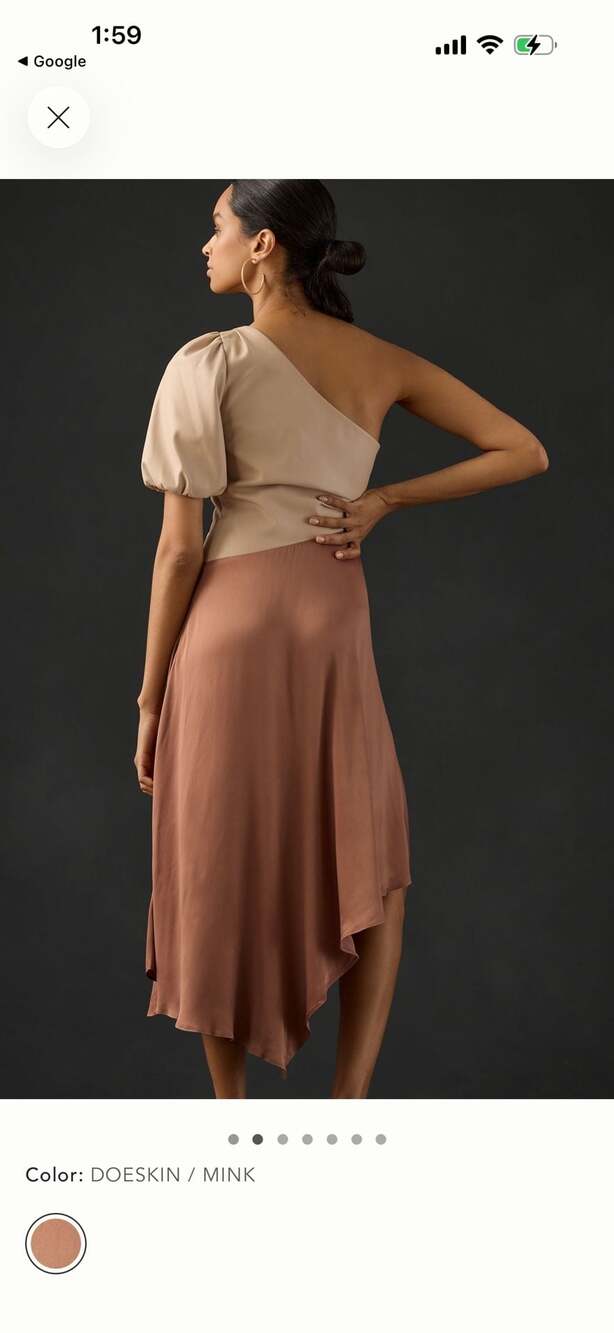 By Anthropologie Faux Leather One-Shoulder Asymmetrical Midi Dress in Doeskin/Mi - Picture 2 of 8